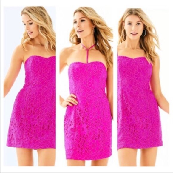 Lilly Pulitzer Floral Lace Berry Pink Strapless Convertible Demi Dress - Picture 3 of 16